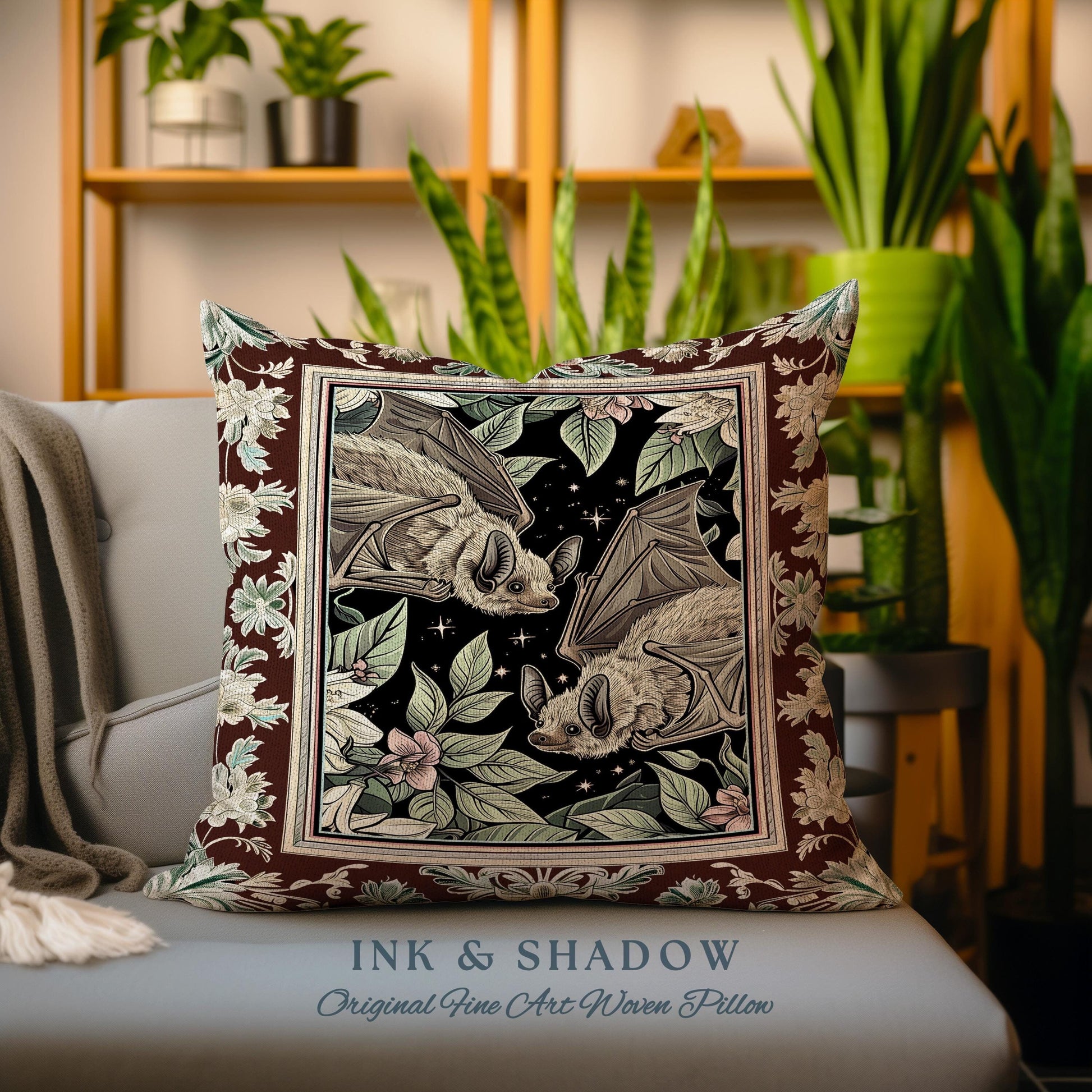 Whimsical Floral Bat Pillow Boho Mystical Dark Academia Fairycore Decor | Woodland Botanical Gothic Tapestry Cushion Celestial Cottagecore