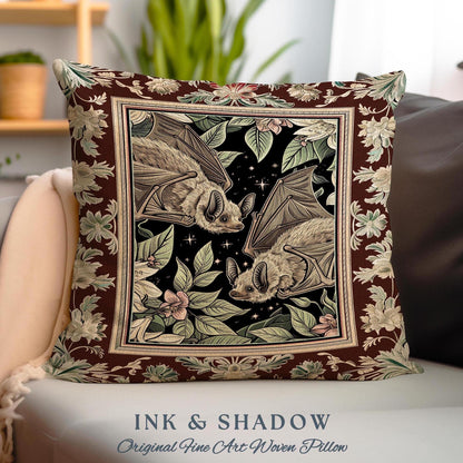 Whimsical Floral Bat Pillow Boho Mystical Dark Academia Fairycore Decor | Woodland Botanical Gothic Tapestry Cushion Celestial Cottagecore