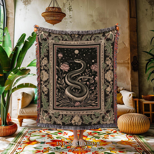 Celestial Serpent Woven Tapestry Throw Enchanted Floral Gothic Blanket | Mystical Moonlit Medieval Snake Art Dark Academia Vintage Baroque