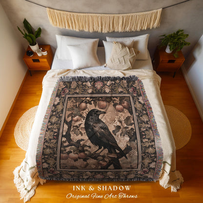 Ornate Antique Gold Baroque Raven Forestcore Fruit Tree Woodland Tapestry Throw | Enchanting Gothic Crowcore Mystical Victorian Cottagecore