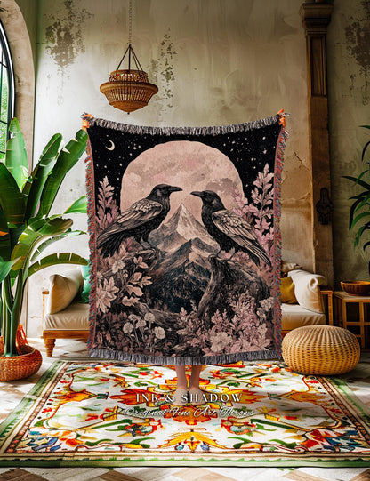 Mauve Pink Raven Tapestry Throw Ethereal Mountain Full Moon Celestial Cottagecore, Pastel Gothic Woodland Whimsy Crowcore Fairy Grunge Art