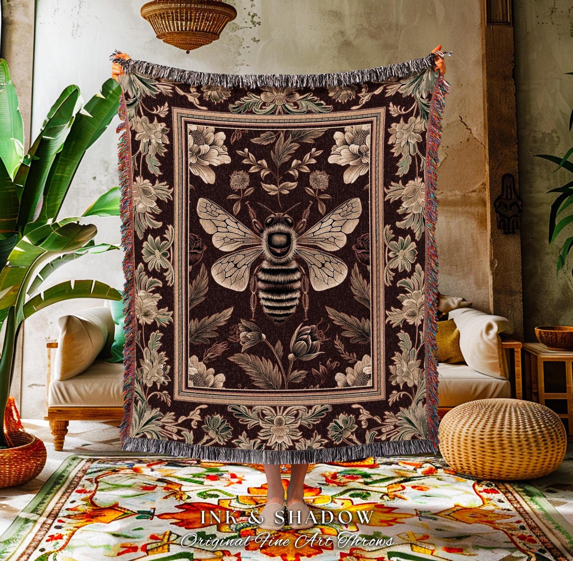 Regal Honeybee Tapestry Throw Baroque Inspired Vintage Floral Insect Art | Medieval Cottagecore Bee Garden Blanket Woodland Folklore Decor