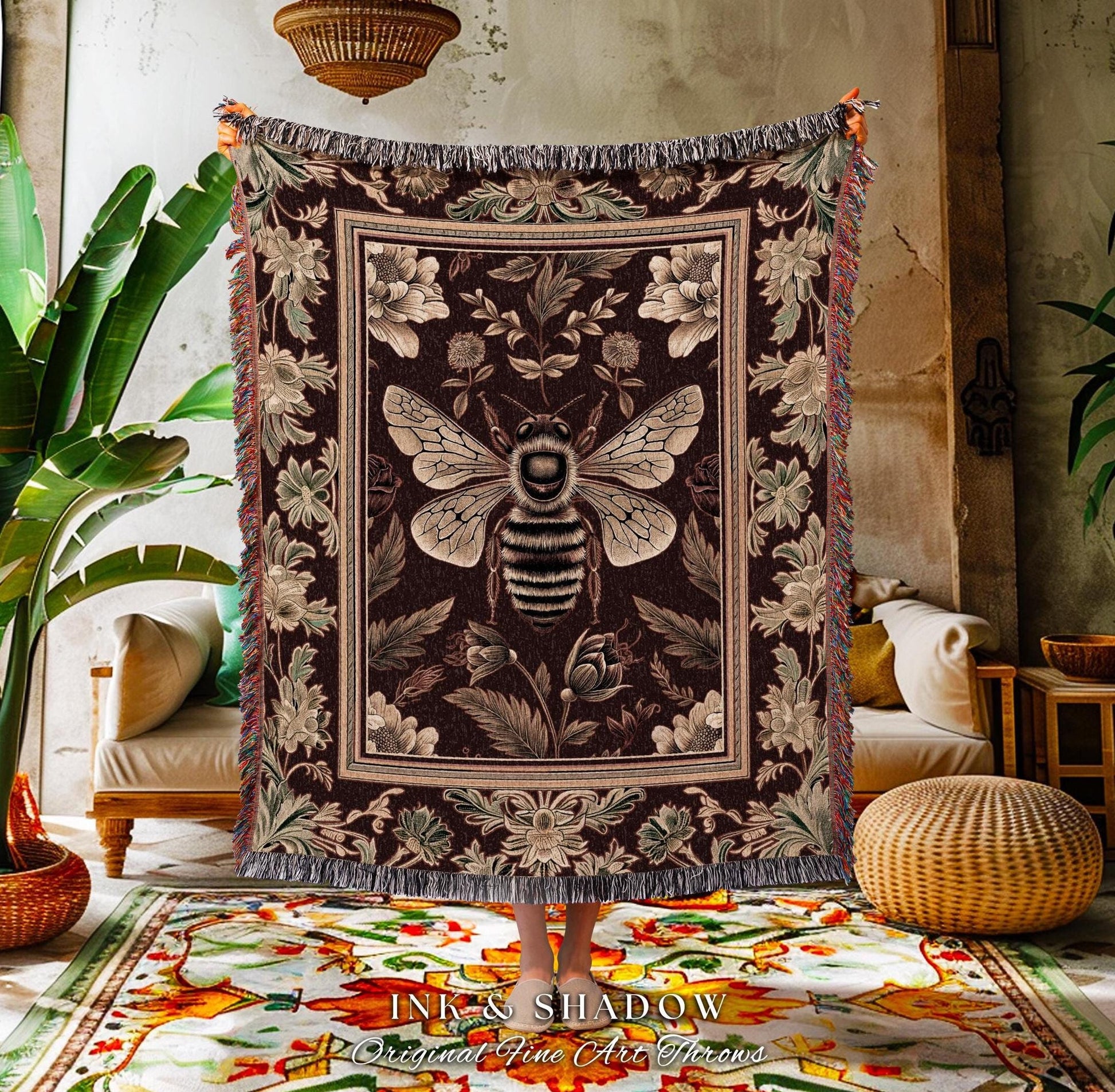 Regal Honeybee Tapestry Throw Baroque Inspired Vintage Floral Insect Art | Medieval Cottagecore Bee Garden Blanket Woodland Folklore Decor