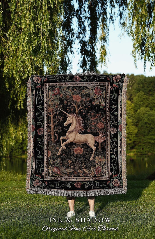 Elegant Floral Unicorn Blanket Woven | Princesscore Room Decor Morris Inspired Cottagecore Aesthetic Fairycore Tapestry Magical Unicorn |