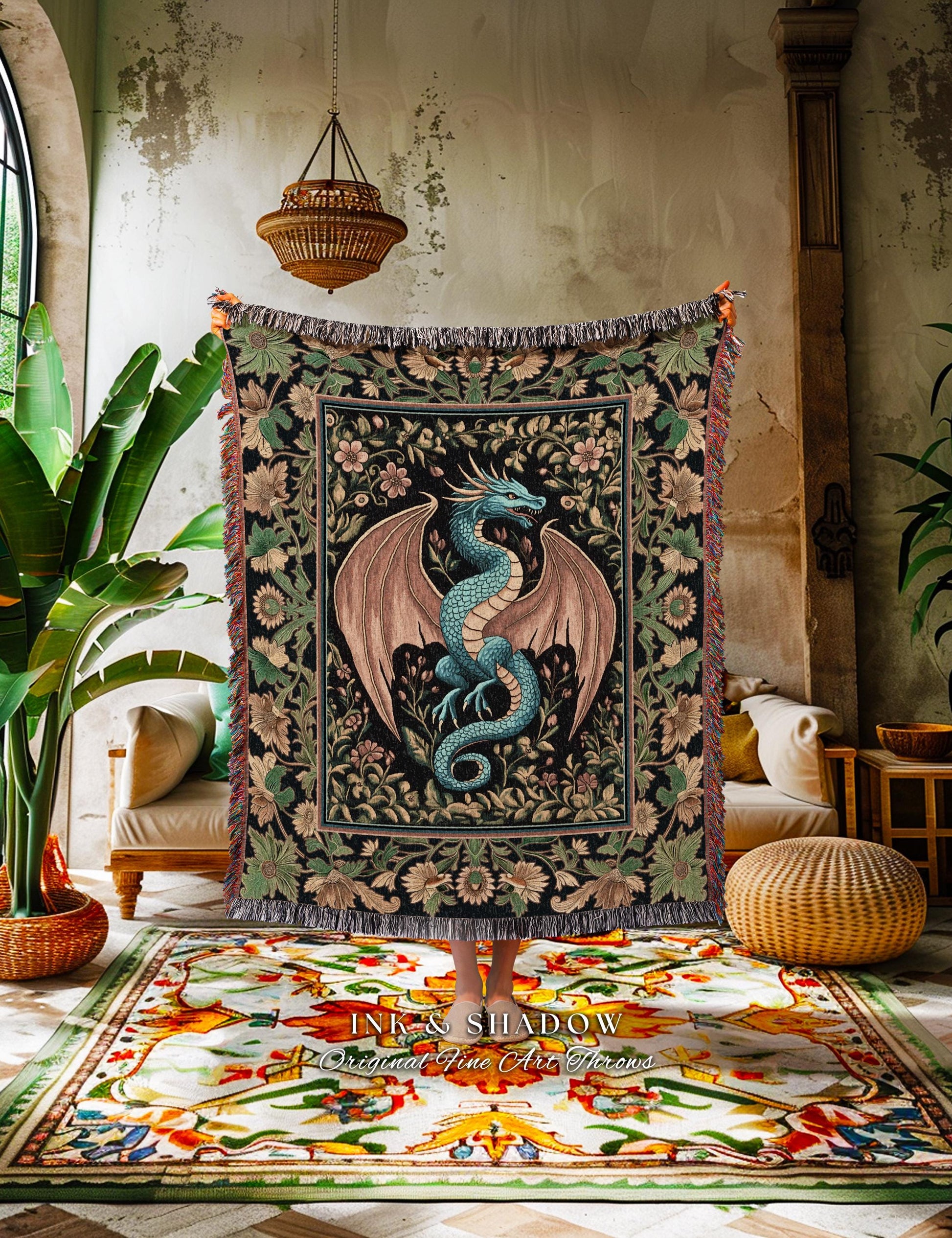 Rustic Dragon Medieval Throw Blanket | Ethereal Victorian Fantasy Dark Academia Maximalist Aesthetic Tapestry Moody Bedroom Witchy Gothic |