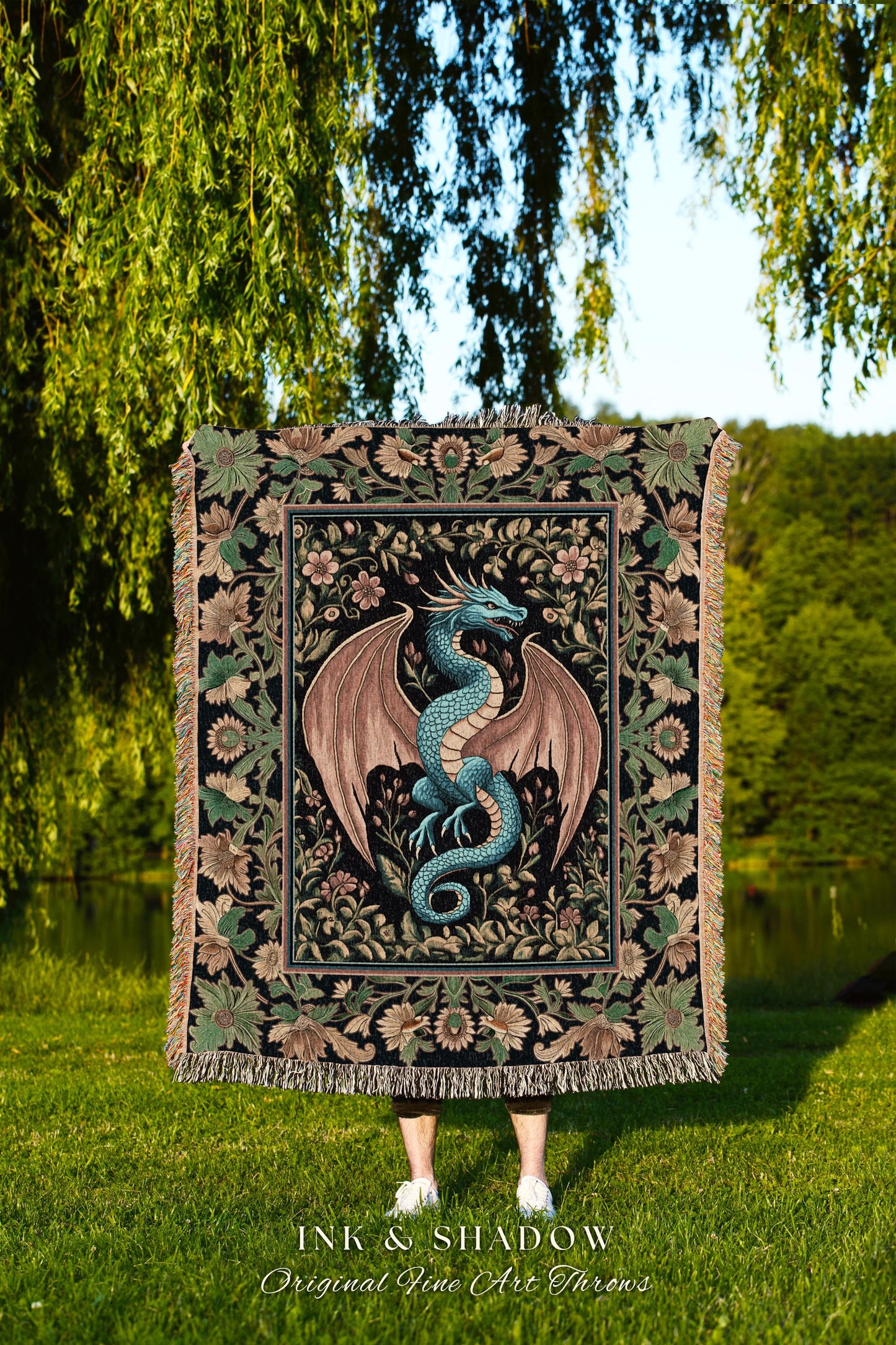 Rustic Dragon Medieval Throw Blanket | Ethereal Victorian Fantasy Dark Academia Maximalist Aesthetic Tapestry Moody Bedroom Witchy Gothic |