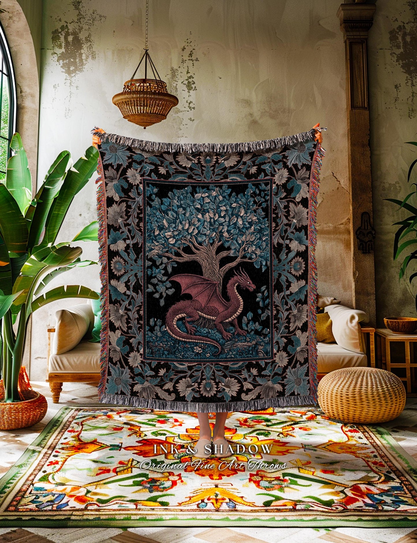 Folk Art Dragon Woven Wall Tapestry | Dark Botanical Woodland Moody Bedroom Baroque Fantasy Tree Tapestry Throw Blanket Mythical Creatures