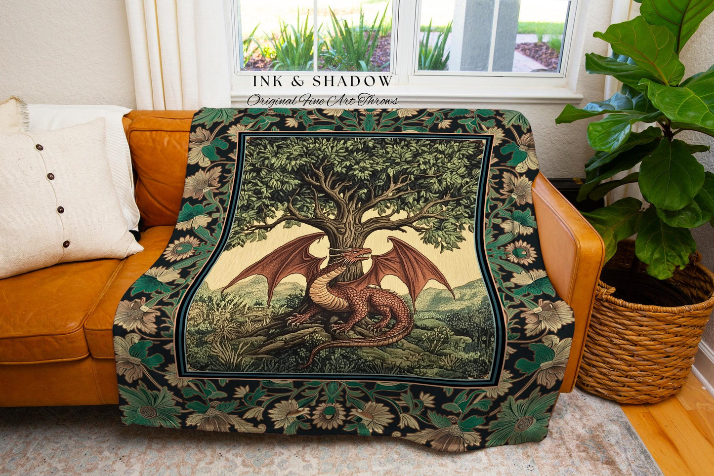 Folklore Aesthetic Dragon Woven Throw Blanket | Woodland Fairytale Tapestry Whimsigothic Dark Academia Decor Victorian Folklore Witchy Gift