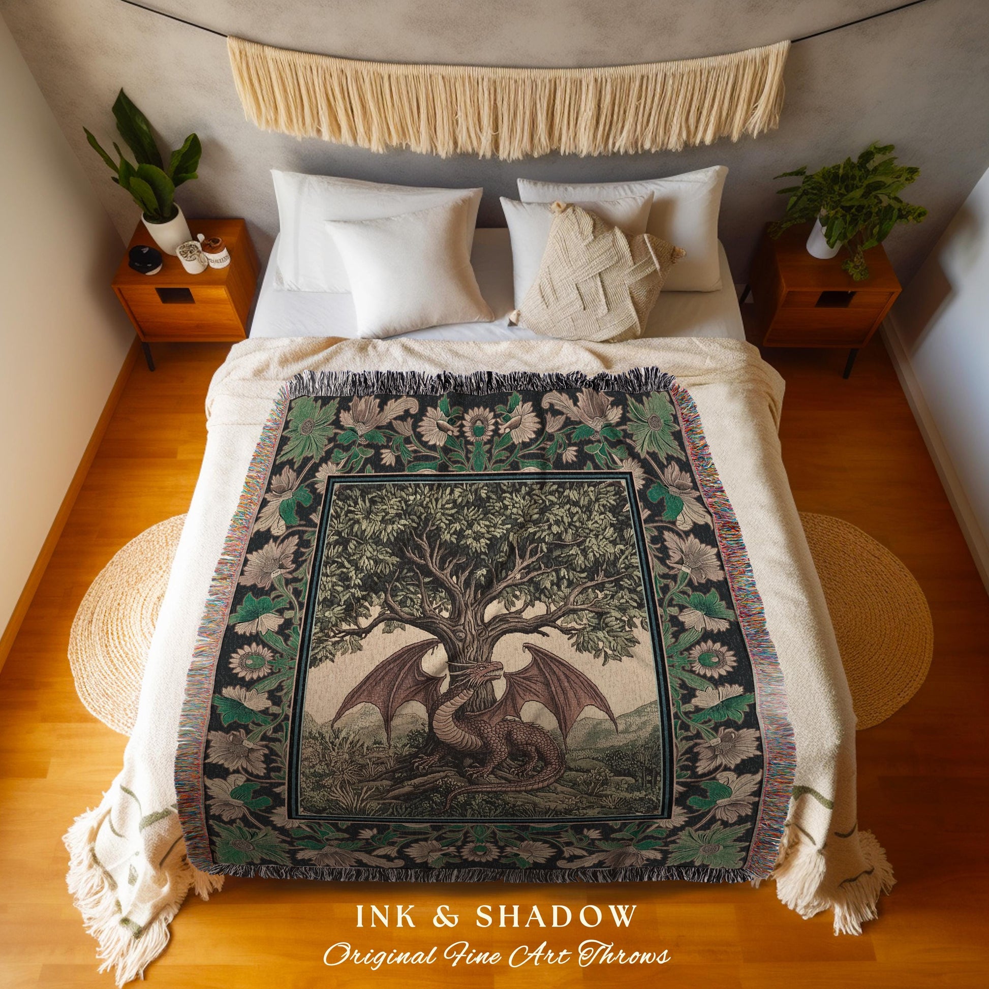 Folklore Aesthetic Dragon Woven Throw Blanket | Woodland Fairytale Tapestry Whimsigothic Dark Academia Decor Victorian Folklore Witchy Gift