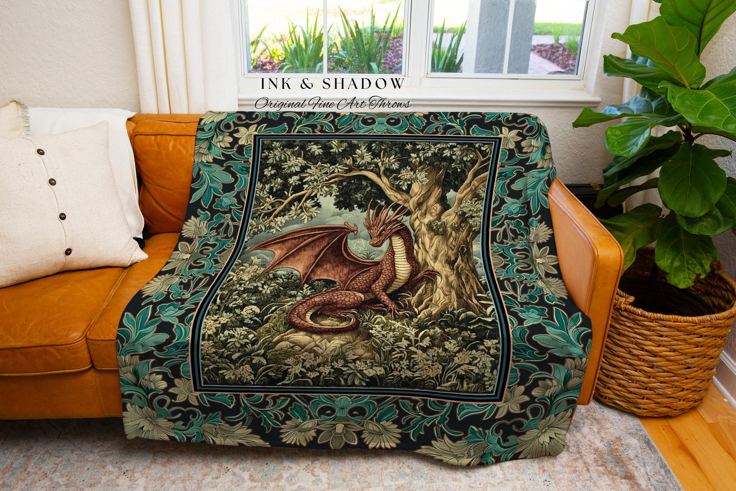 Whimsigothic Ornate Dragon Blanket | Dark Cottagecore Mystic Aesthetic Medieval Tapestry Bedroom Gothic Maximalist Woodland Magic Ethereal |