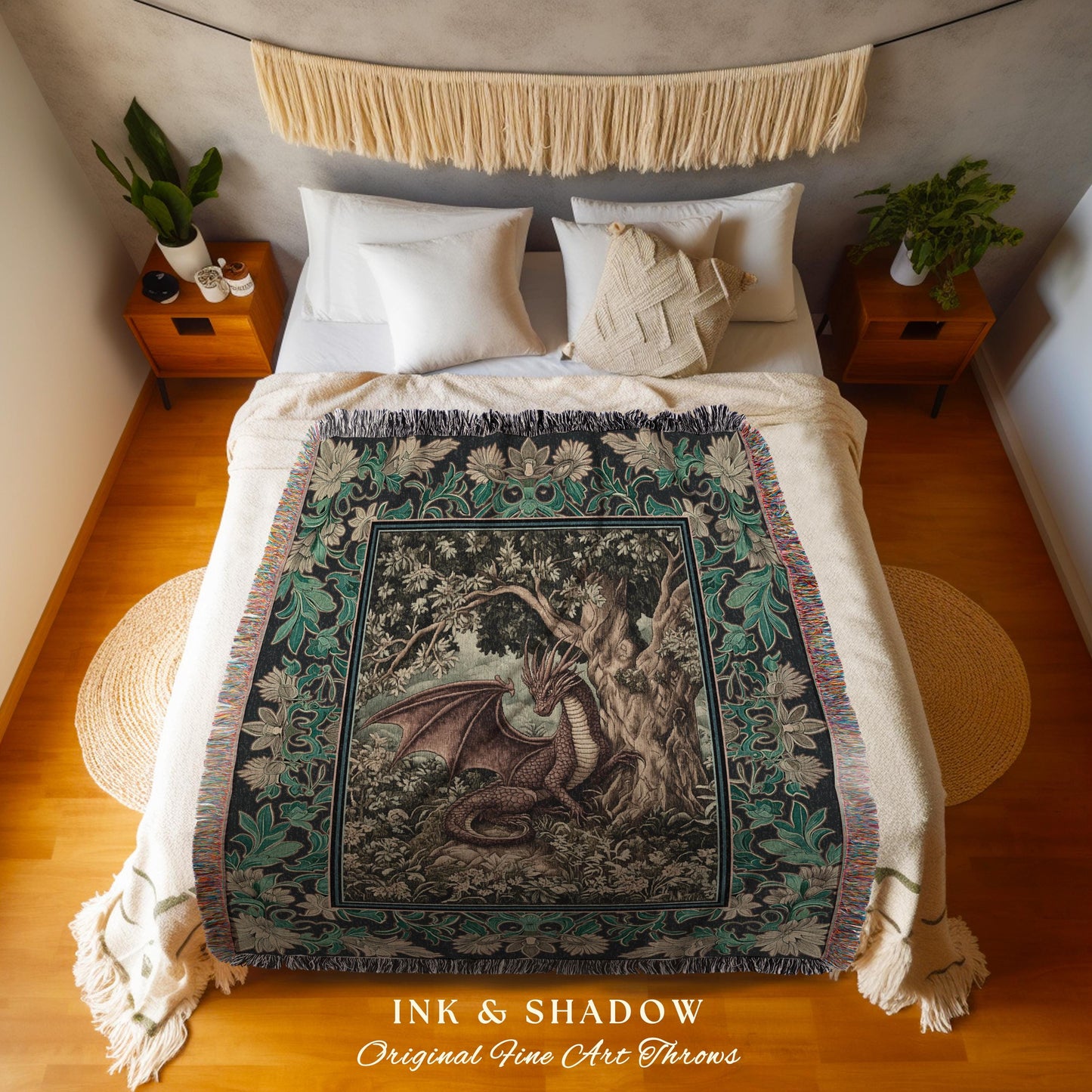 Whimsigothic Ornate Dragon Blanket | Dark Cottagecore Mystic Aesthetic Medieval Tapestry Bedroom Gothic Maximalist Woodland Magic Ethereal |