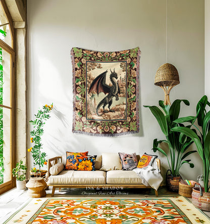 Dark Maximalist Dragon Throw Blanket Woven | Victorian Floral Woodland Fairytale Tapestry Whimsigothic Dark Academia Decor Mystic Folklore