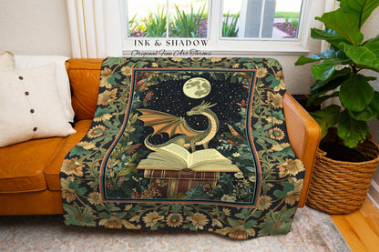 Fantasy Dragon Blanket Woven Tapestry | Moonlit Library Dark Victorian Floral Woodland Fairytale Tapestry Forestcore Dark Academia Decor |