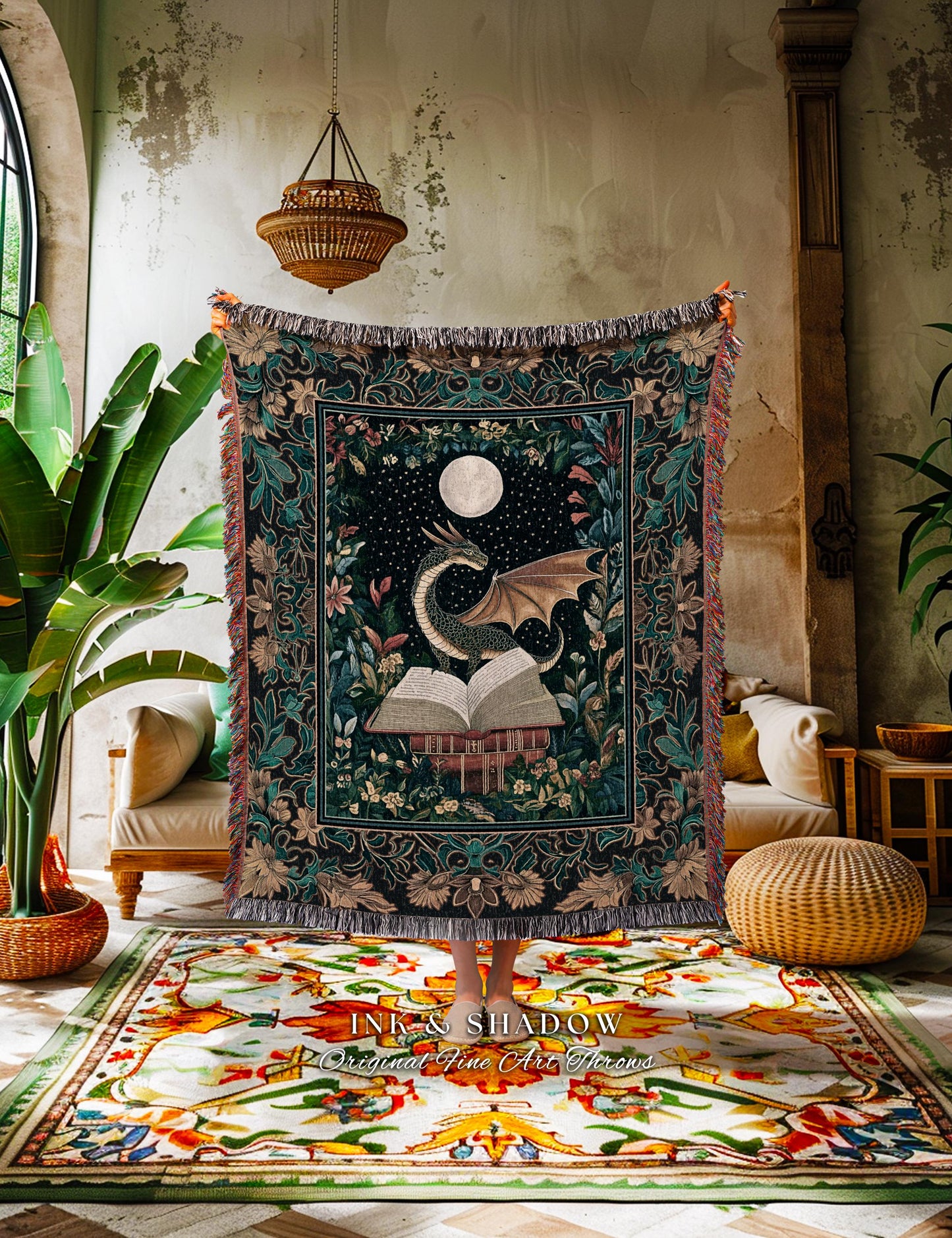 Witchy Moonlit Dragon Throw Blanket | Book Lover Bedroom Fantasy Fairytale Style Fairycore Cottagecore Aesthetic Enchanting Tapestry Woven |