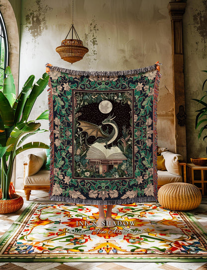 Fantasy Dragon Fairytale Blanket | Reading Corner Ethereal Bedroom Whimsigothic Style Fairycore Aesthetic Enchanting Woven Tapestry Mystic |