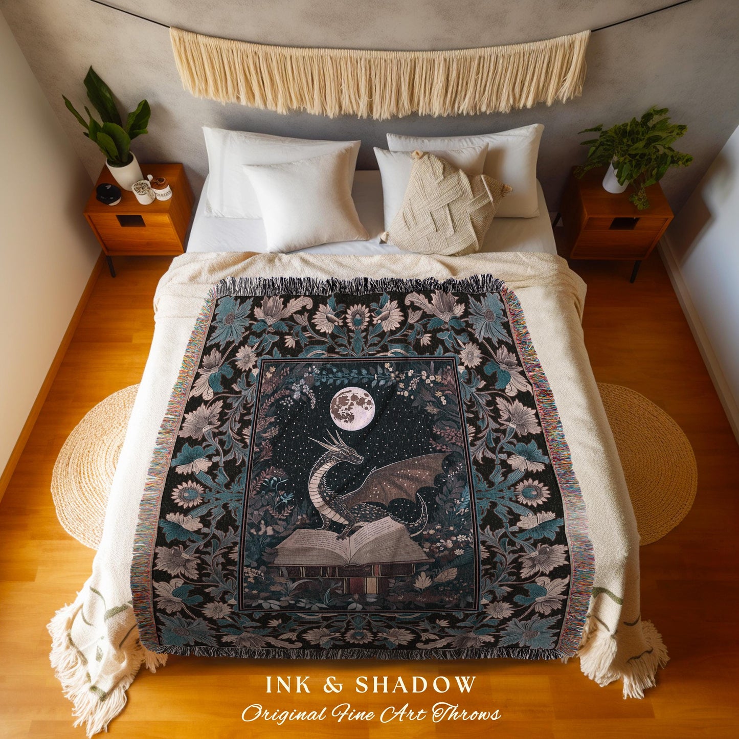 Reading Blanket Ethereal Dragon | Whimsical Bedroom Tapestry Wall Hanging Dark Academia Book Loving Ethereal Bedroom Whimsigothic Throw |