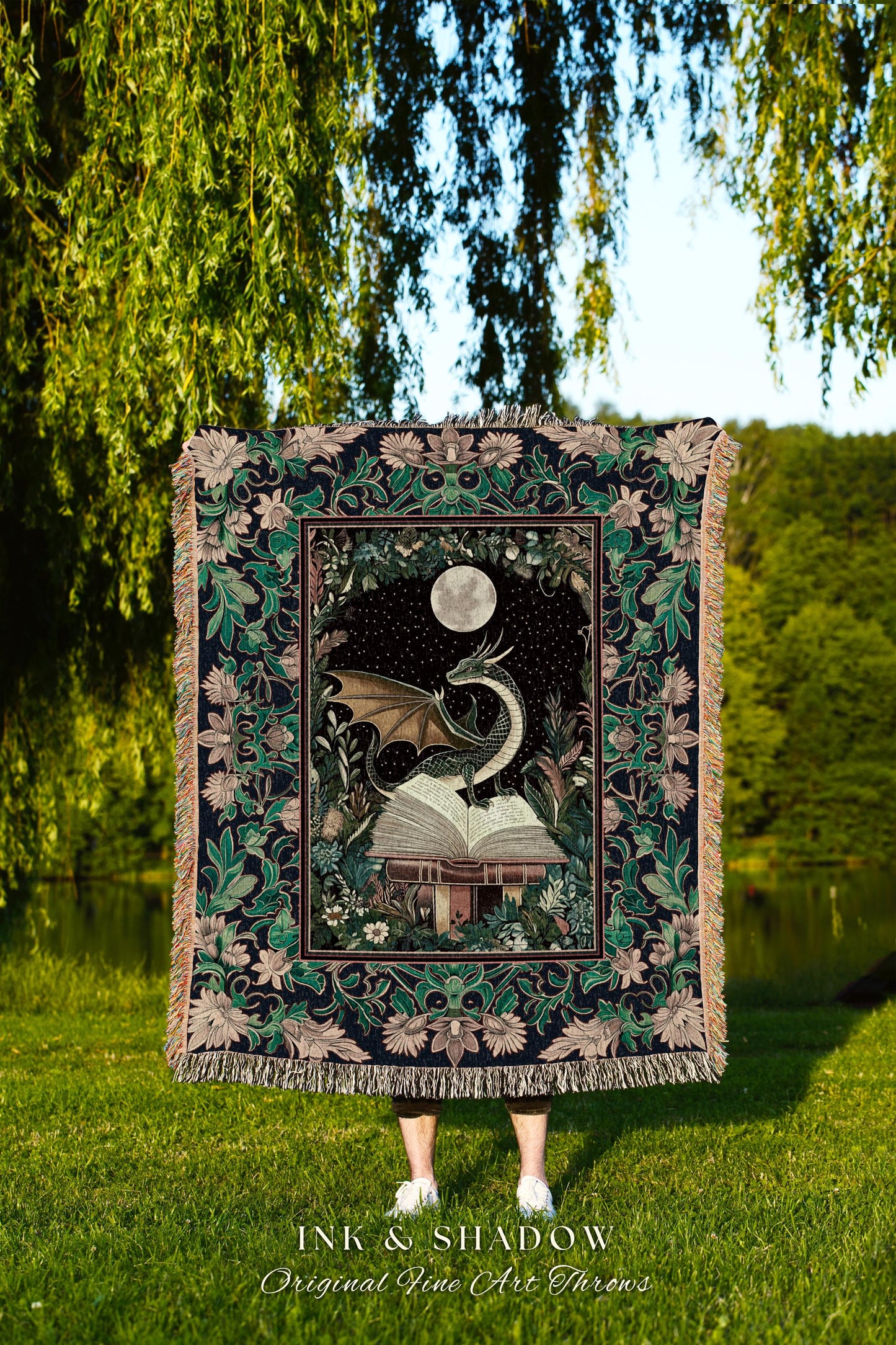 Fantasy Dragon Fairytale Blanket | Reading Corner Ethereal Bedroom Whimsigothic Style Fairycore Aesthetic Enchanting Woven Tapestry Mystic |