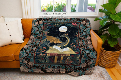 Mystic Academia Dragon Throw Blanket | Moonlit Fantasy Book Nook Tapestry Whimsical Bedroom Fairytale Dark Cottagecore Tapestry Woven Floral