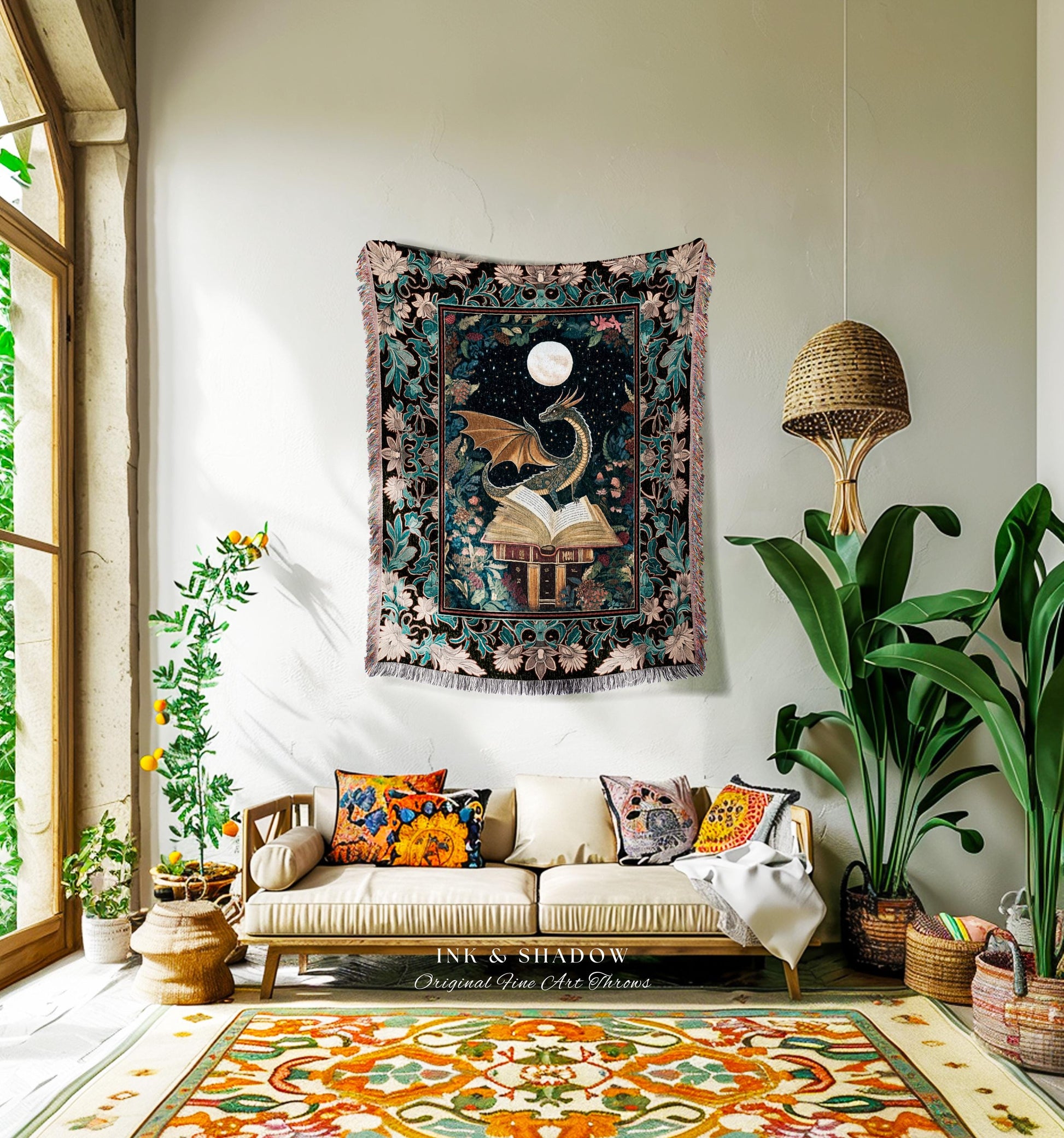 Mystic Academia Dragon Throw Blanket | Moonlit Fantasy Book Nook Tapestry Whimsical Bedroom Fairytale Dark Cottagecore Tapestry Woven Floral