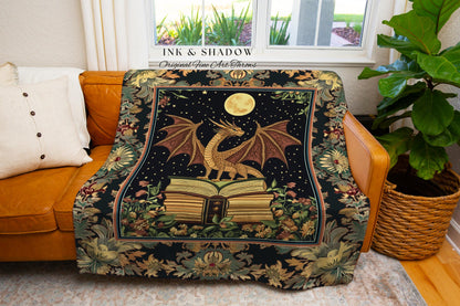 Book Nook Dragon Blanket Woven | Dark Academia Magical Aesthetic Dark Tapestry for Book Lover Whimsigothic Bedroom Medieval Cottagecore |