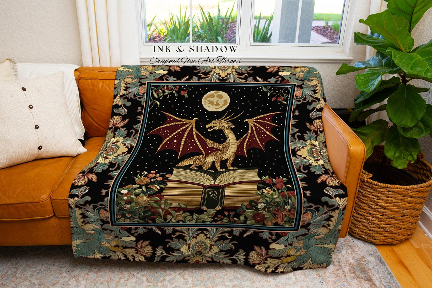 Witchy Dragon Tapestry Woven | Magical Mysticism Aesthetic Dark Tapestry for Book Nook Whimsigothic Bedroom Medieval Gothic Cottagecore Gift