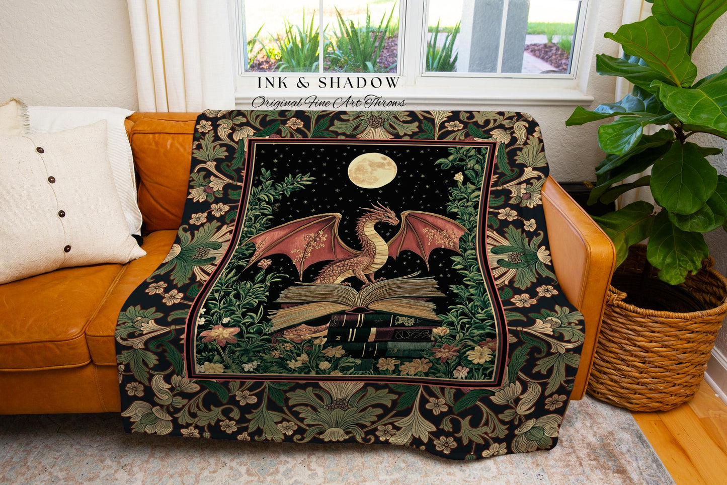 Ethereal Moonlit Dragon Tapestry Blanket | Mysticism Aesthetic Dark Cottagecore Decor for Book Nook Whimsigothic Bedroom Medieval Gothic |