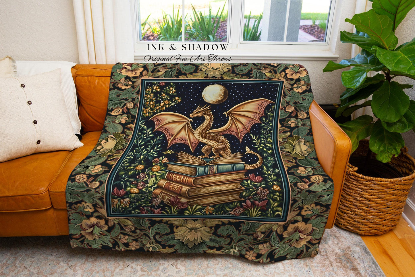 Medieval Library Mystic Dragon Blanket | Ethereal Victorian Floral Tapestry for Book Nook Woodland Fairytale Dark Academia Folklore Style |