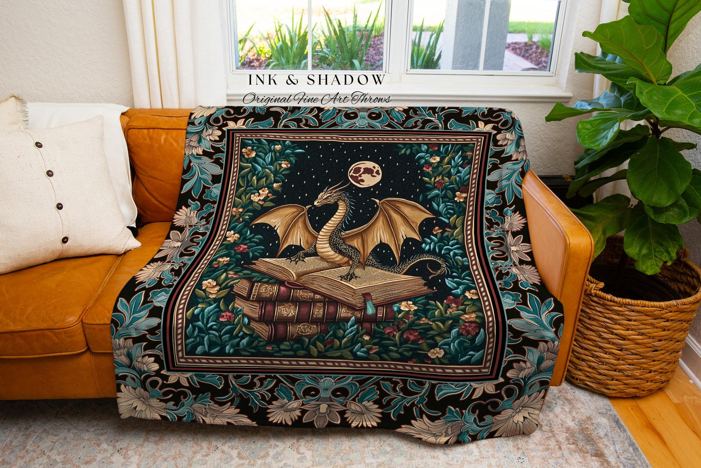 Fantasy Tapestry Blanket Medieval Dragon | Medieval Library Aesthetic Gothic Cottagecore Decor for Book Nook Crowcore Fairytale Bedroom |