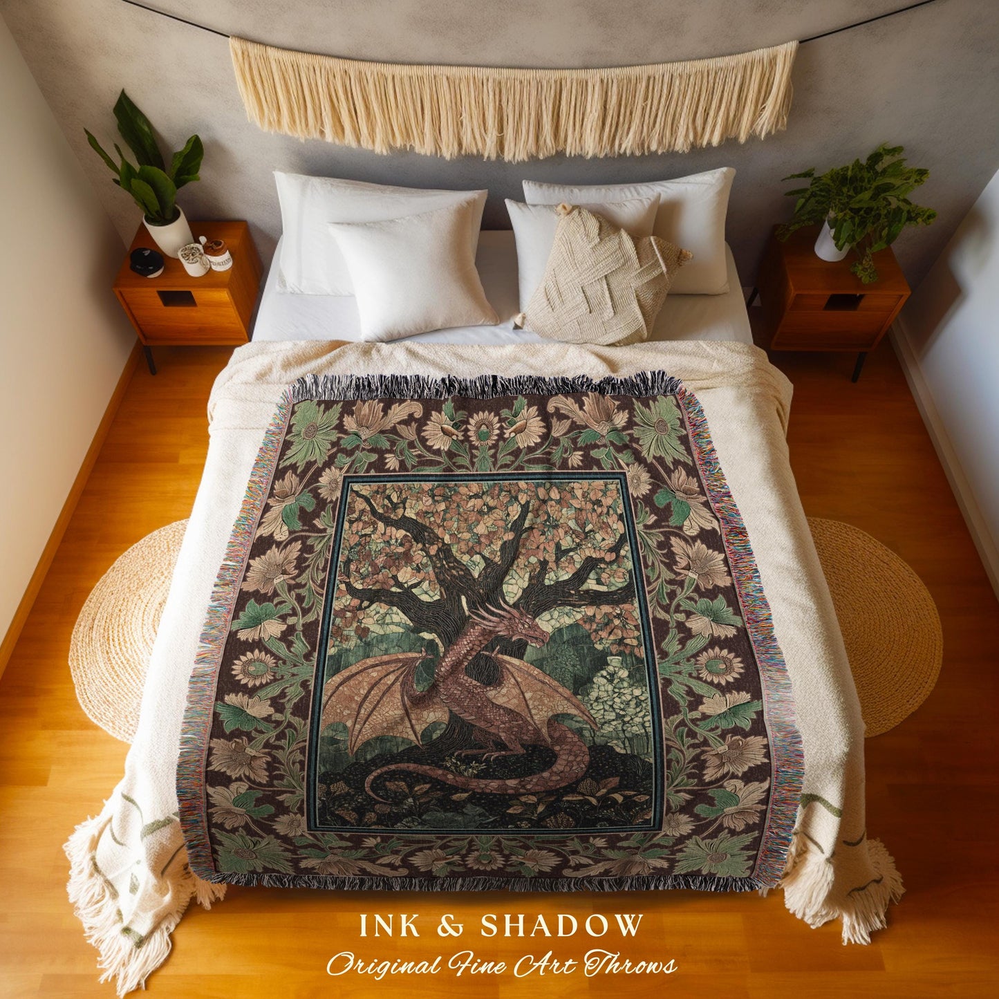 Modern Renaissance Dragon Throw Blanket | Victorian Gothic Tapestry Woodland Medieval Bedroom Ethereal Fairytale Gothic Dark Botanical Home