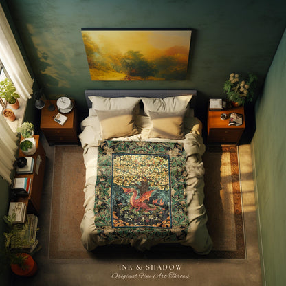 Moody Maximalist Dragon Woven Blanket | Dark Floral Cottagecore Tapestry Woodland Gothic Medieval Bedroom Wall Art Ethereal Fairytale Theme