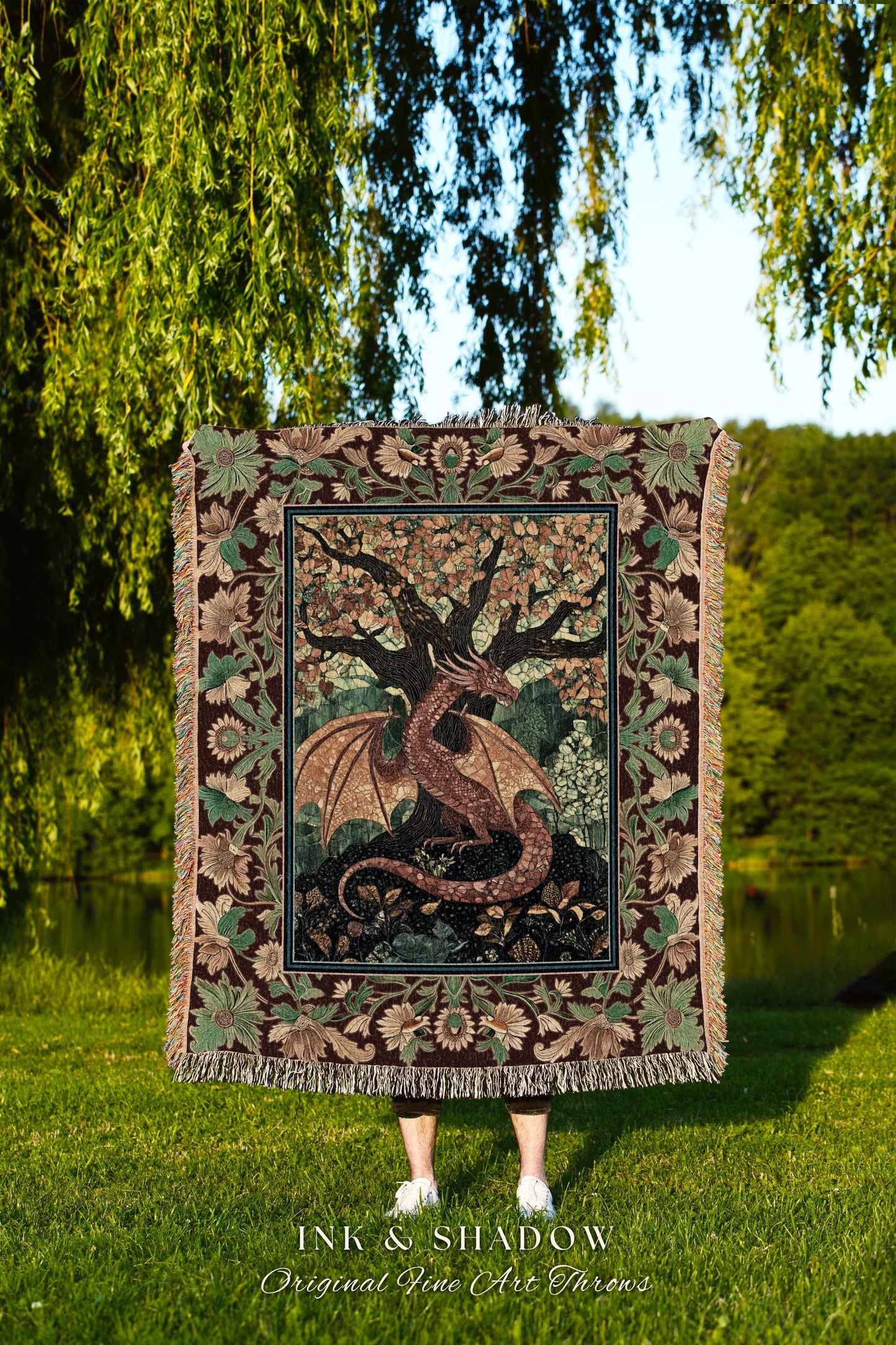 Modern Renaissance Dragon Throw Blanket | Victorian Gothic Tapestry Woodland Medieval Bedroom Ethereal Fairytale Gothic Dark Botanical Home