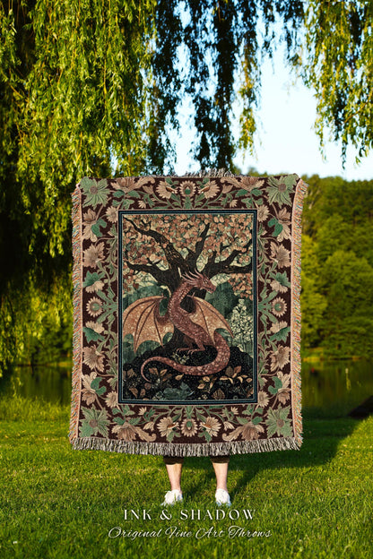 Modern Renaissance Dragon Throw Blanket | Victorian Gothic Tapestry Woodland Medieval Bedroom Ethereal Fairytale Gothic Dark Botanical Home