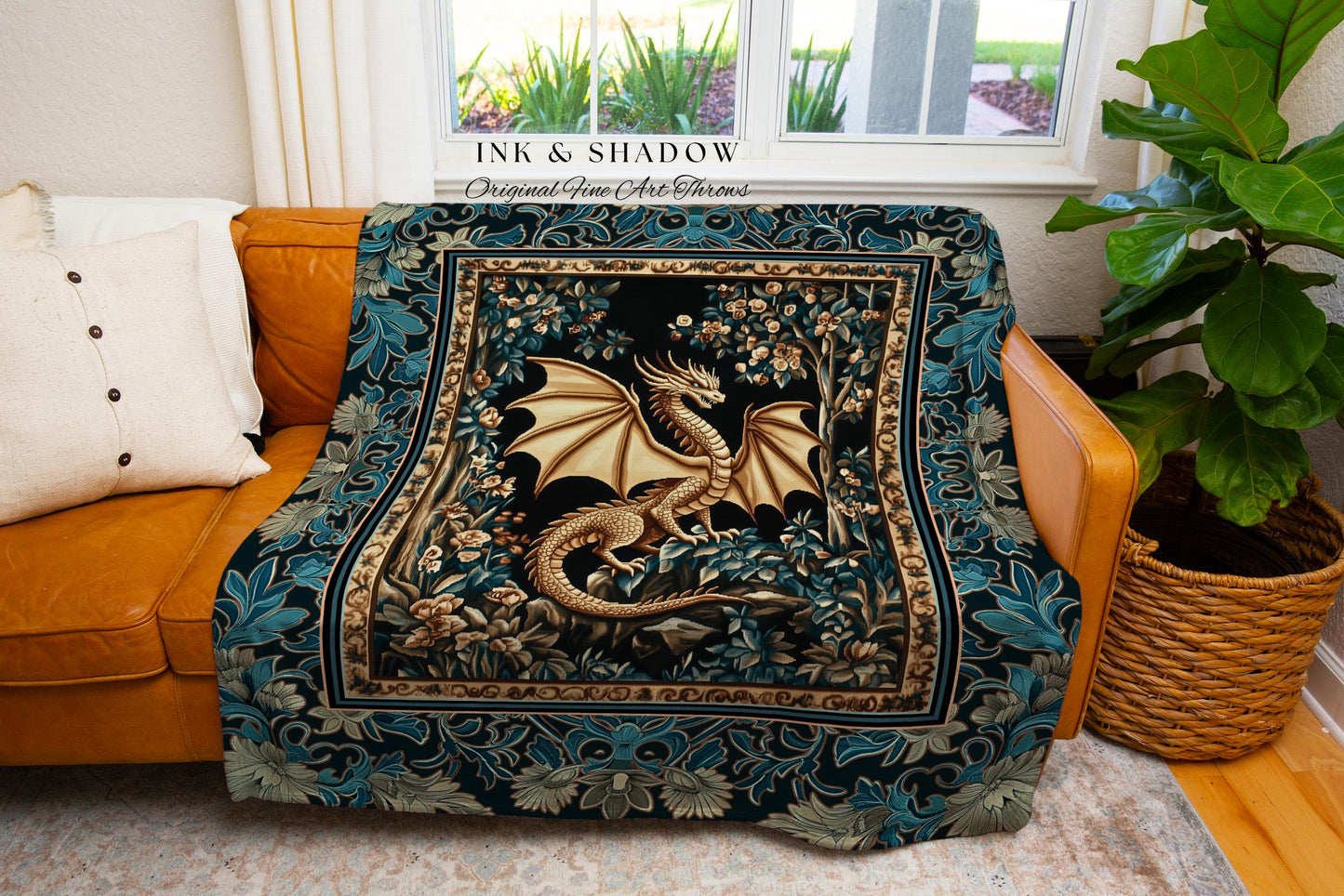 Magical Dragon Dark Floral Tapestry | Mystical Witchy Bedroom Ornate Fantasy Tapestry Floral Throw Blanket Mythical Creatures Vintage Whimsy