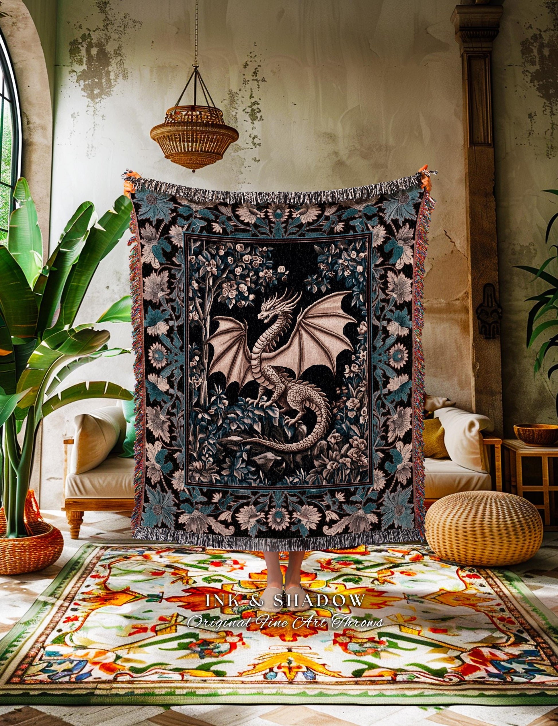 Mystic Mythology Rustic Throw Blanket | Dark Botanical Gothic Medieval Woven Wall Tapestry Dark Academia Bedding Magical Fairytale Aesthetic