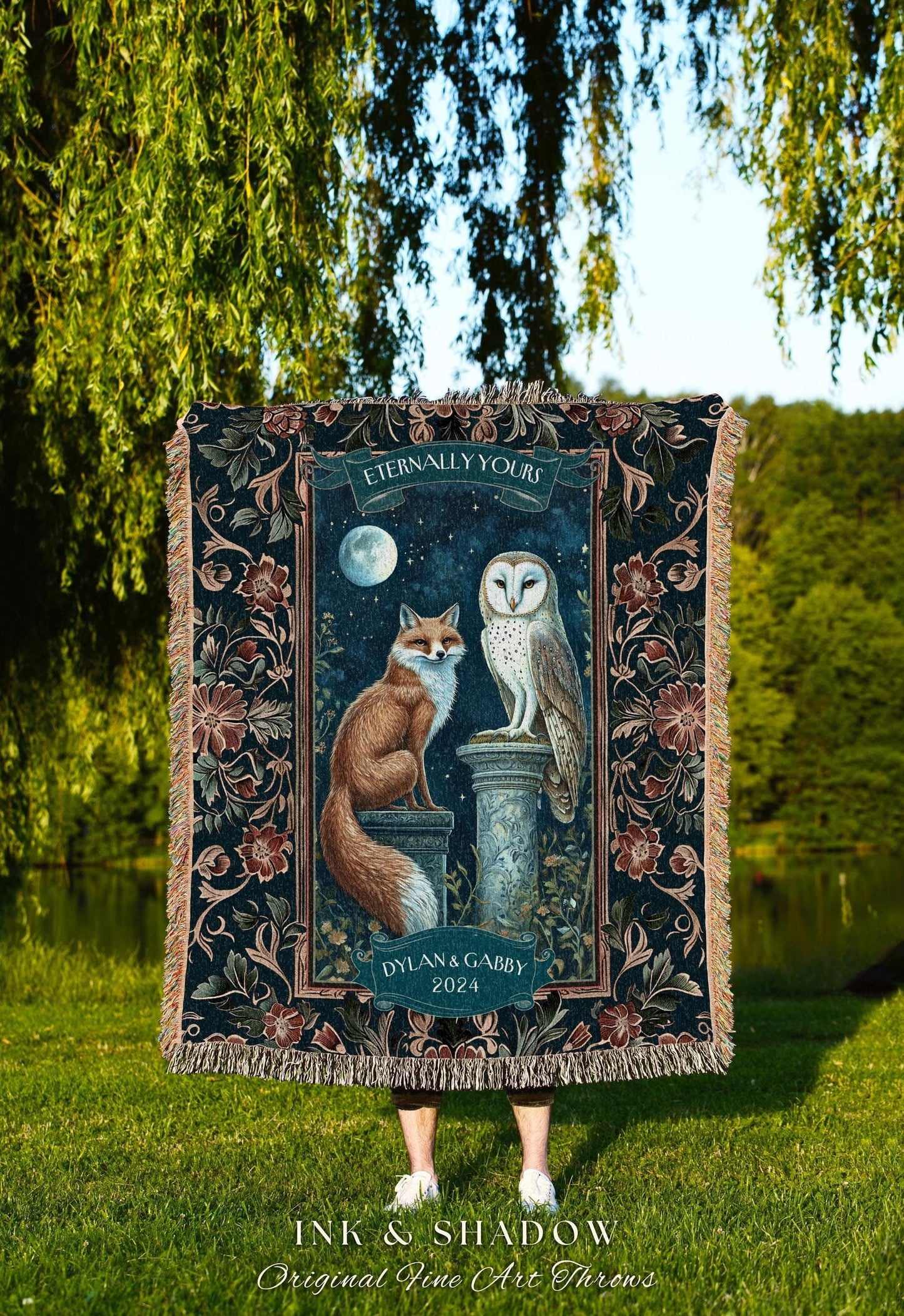 Dark Academia Couple Throw Blanket | Personalized Names Anniversary Blanket Enchanted Nature Whimsical Owl & Fox Woodland Wedding Gift Cute