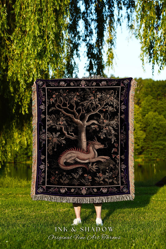 Antique Mystic Red Dragon Forestcore Medieval Fairytale Inspired Wall Art, Magic Dark Cottagecore Fairy Grunge Goblinecore Tapestry Throw