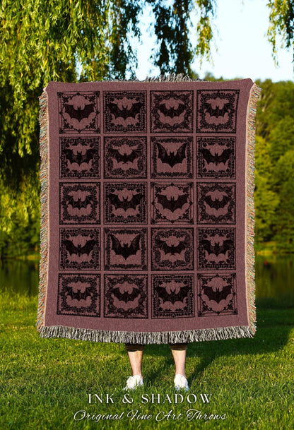 Gothic Mauve Bat Tapestry Blanket | Rustic Halloween Tapestry Cottagecore Wall Art Spooky Season Decor Bat Lover Gift Victorian Aesthetic |