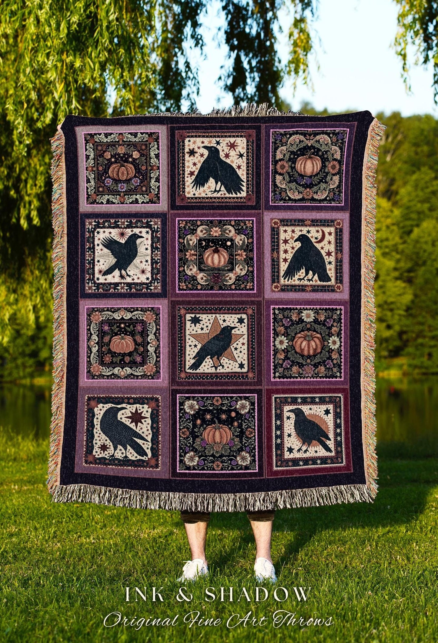 Witchy Whimsical Raven Pumpkin Throw Purple Halloween Aesthetic Cozy Decor | Gothic Tapestry Blanket Crowcore Retro Celestial Cottagecore