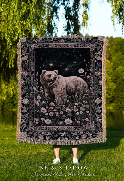 Midnight Florals Woodland Bear Blanket | Enchanted Starry Night Amethyst Purple Wildflowers Forestcore Boho Dark Witchy Wildlife Artwork |