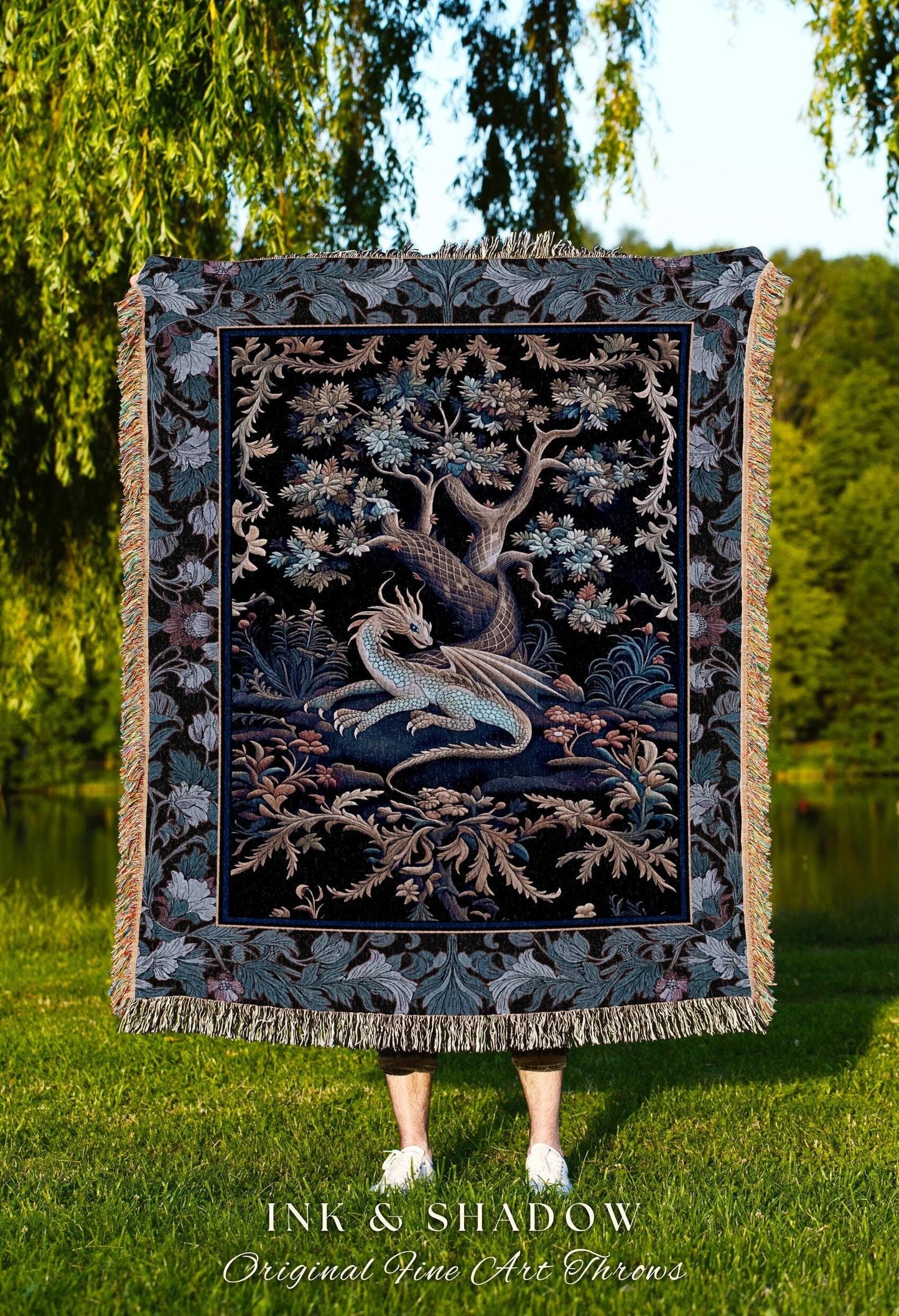 Mystic Moody Dragon Woven Blanket | Ethereal Botanical Woodland Magic Fantasy Theme Bedroom French Baroque Fantasy Tree Tapestry Throw Blue