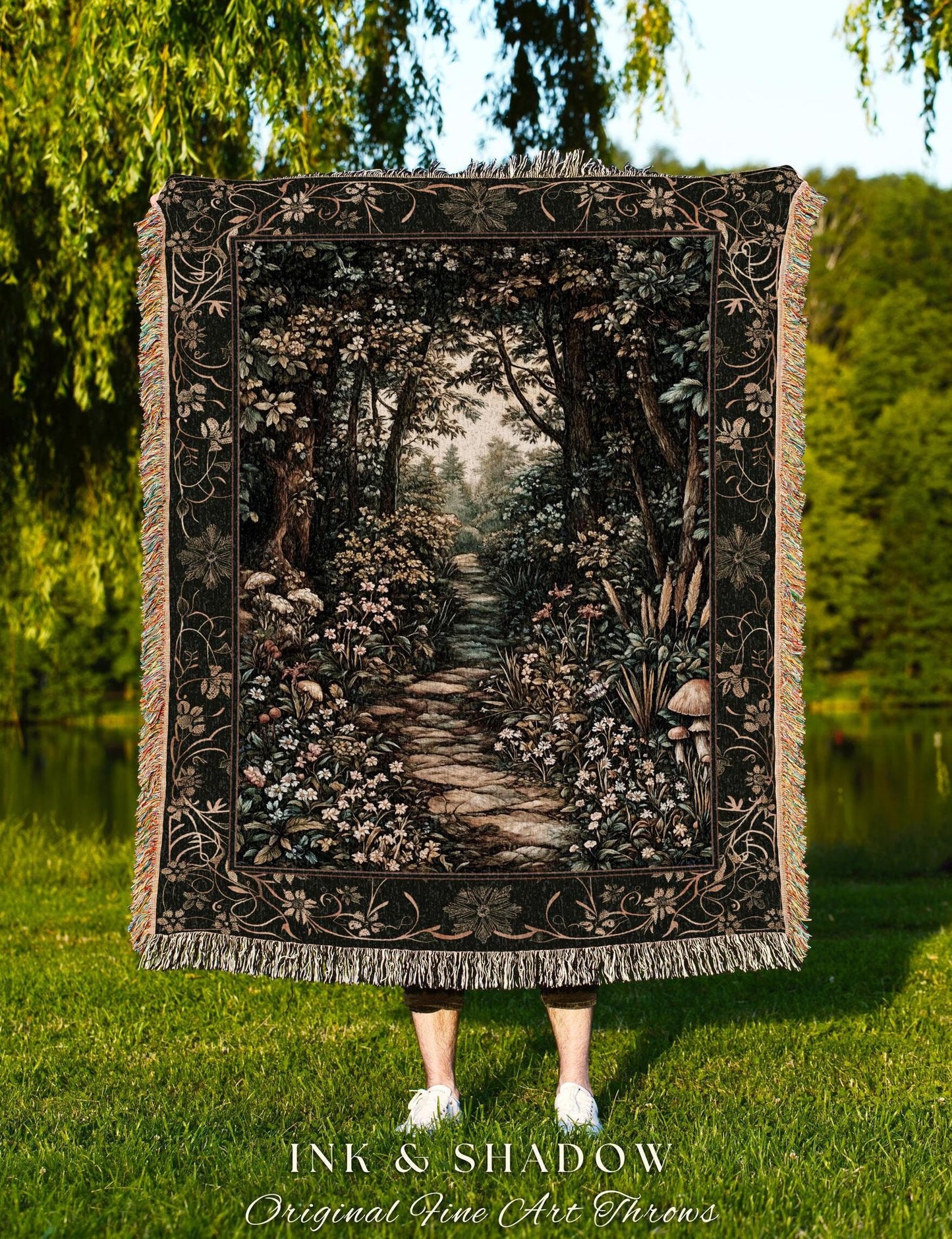 Fairy Meadow Mushroom Forest Woven Blanket Mystic Academia Folklore Inspired, Fairycore Woodland Gothic Whimsical Medieval Tapestry Throw