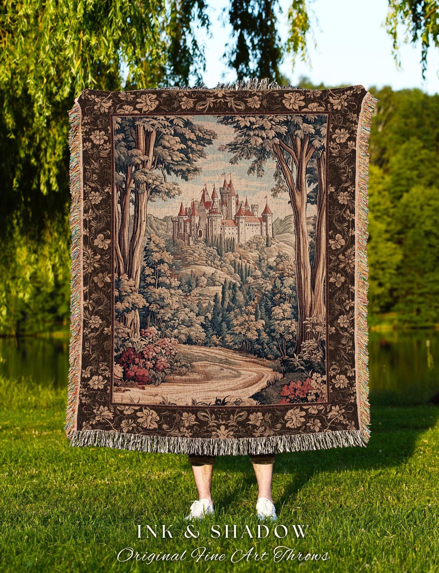 Book Nook Fairytale Castle Tapestry Throw, Woodland Fairycore Bohemian Folklore Aesthetic Magical Landscape Forestcore Dark Academia Blanket