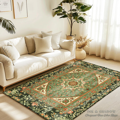 Ornate Floral Medallion Sage Green Rug Antique Persian Style Ethereal Botanical Elegance, Vintage Victorian Gothic Cottagecore Unique Whimsy