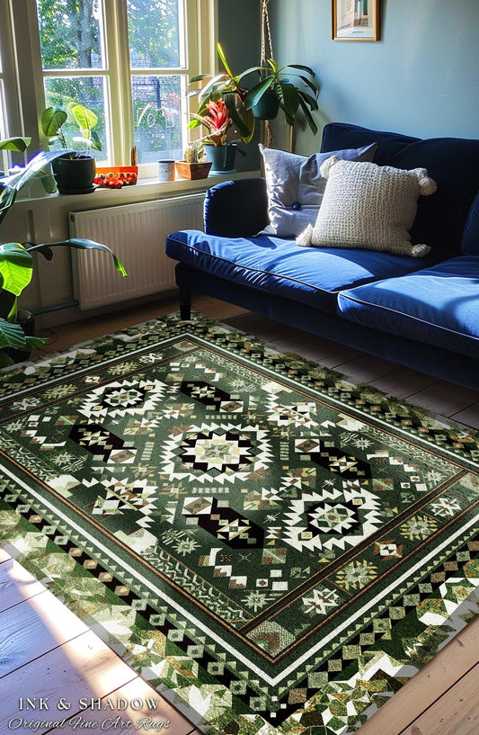 Classic Geometric Green Rug | Modern Midcentury Home Accent Ornate Nordic Inspired Rug with Forest Green Detail Bohemian Style Aesthetic |