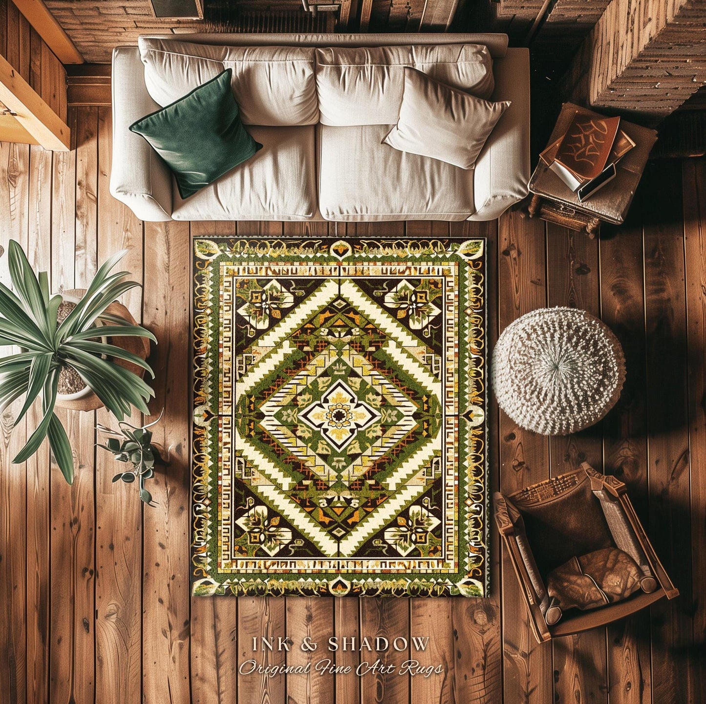 Modern Bohemian Accent Rug | Geometric Midcentury Home Accent Ornate Rug with Olive Green Detail Bohemian Aesthetic for Cozy Guest Bedroom |