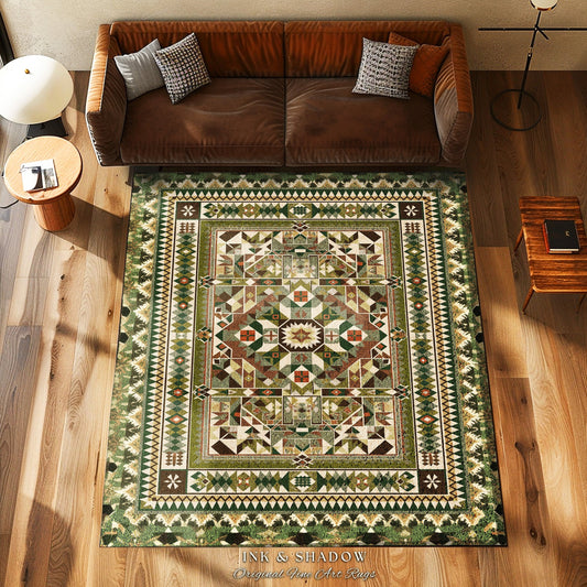 Rustic Geometric Green Rug | Midcentury Home Accent Ornate Victorian Rug with Forest Green Detail Bohemian Aesthetic for Cozy Guest Bedroom