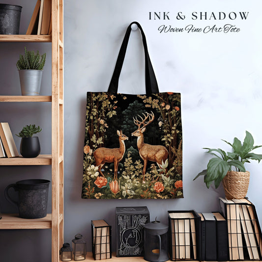 Doe & Deer Fairycore Tote Bag | Folk Art Aesthetic Shoulderbag Woven William Morris Bag Dark Cottagecore Gothic Botanical Deer Woodland Gift