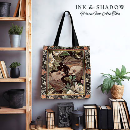 Bat Lover Boho Tote Aesthetic Gothic Gift Floral Dark Cottagecore Shoulderbag Witchy Bookbag Gift for Goth Bat Celestial Tote Tapestry Bag