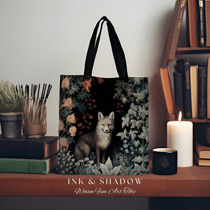 Whimsigoth Grey Fox Tapestry Tote Botanical Dark Floral Victorian Fox Fairycore Dark Academia Morris Art Tote Bag Aesthetic Medieval Bag