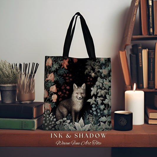 Whimsigoth Grey Fox Tapestry Tote Botanical Dark Floral Victorian Fox Fairycore Dark Academia Morris Art Tote Bag Aesthetic Medieval Bag